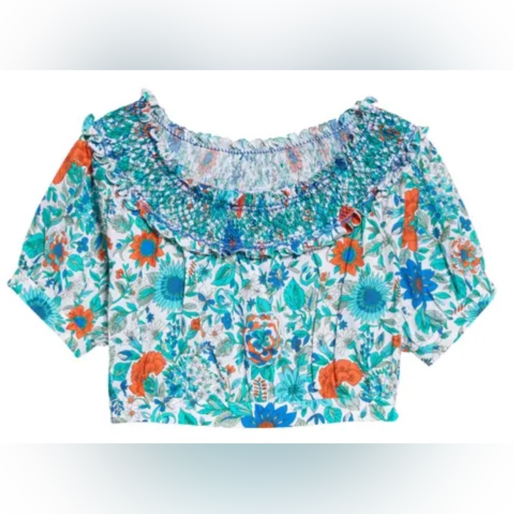 NEW LORETTA CAPONI | Florinda Floral Smocked Cotton Crop Top in Surfinas Sz XS - Picture 1 of 9